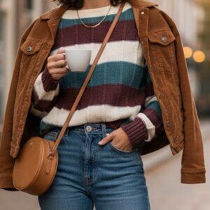 Fashion Workshop Vintage Striped Chunky Knit Sweater Cream Teal Brown Medium